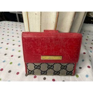 Gucci Vintage Red Leather & GG Monogram Canvas Bifold Wallet with Coin Pocket